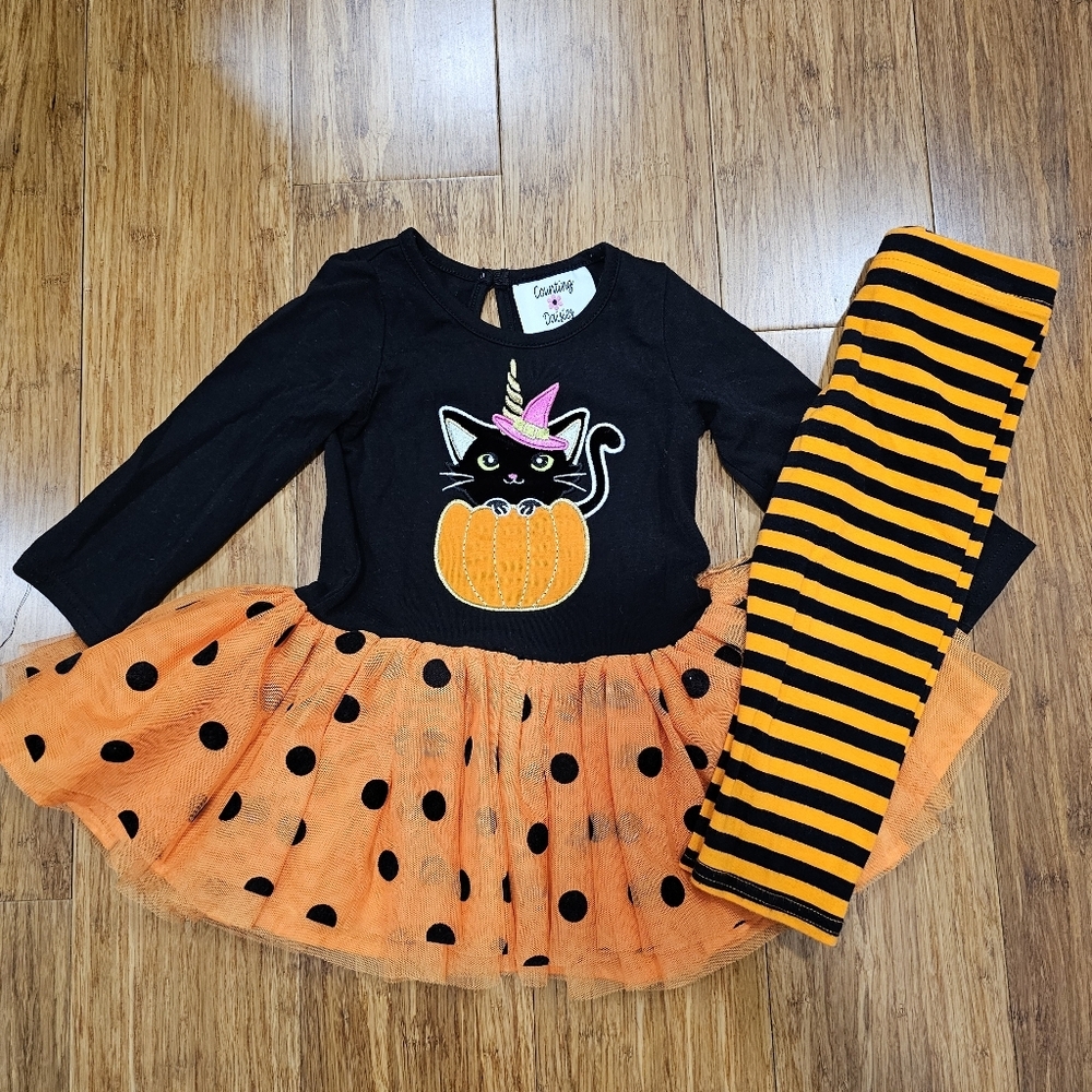 Counting Daisies Halloween Black Cat Pumpkin Tutu Dress Striped Leggings Set 18M